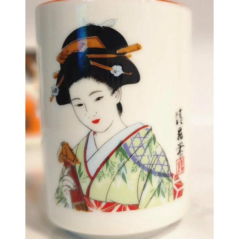 Furisode Kimono Japanese Geisha Tea Cups Artist Signed Set Of 4